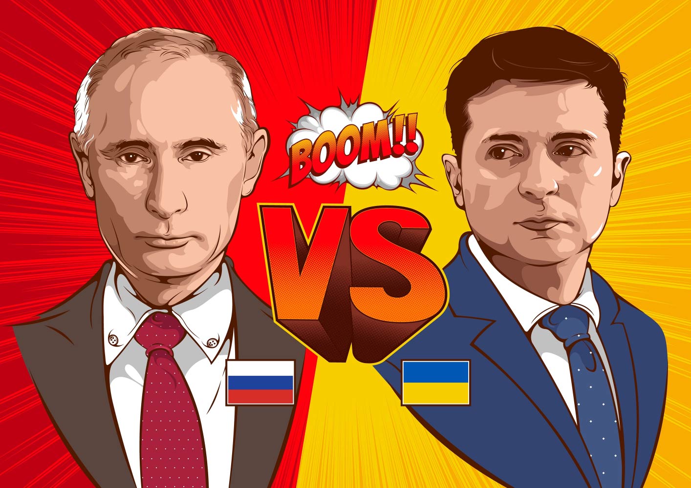 illustrative editorial Cartoon of Vladimir Putin President of Russia and Volodymyr Zelensky